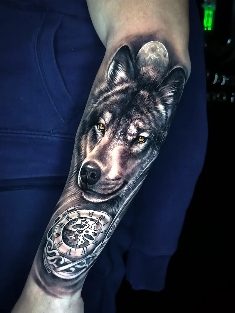 Wolf and compass forearm tattoo by Deyvid