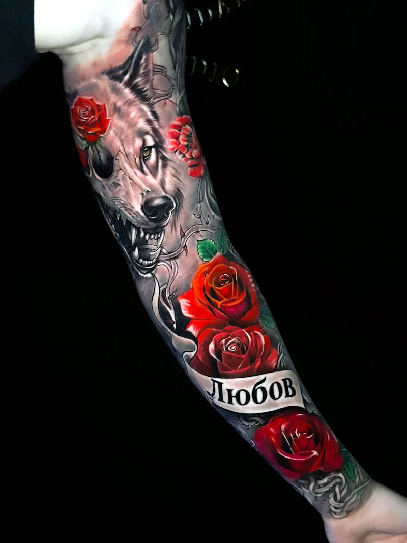 Roses and lettering sleeve tattoo by Deyvid
