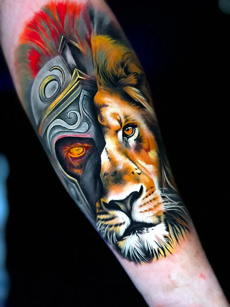 Color lion and mask forearm tattoo by Deyvid