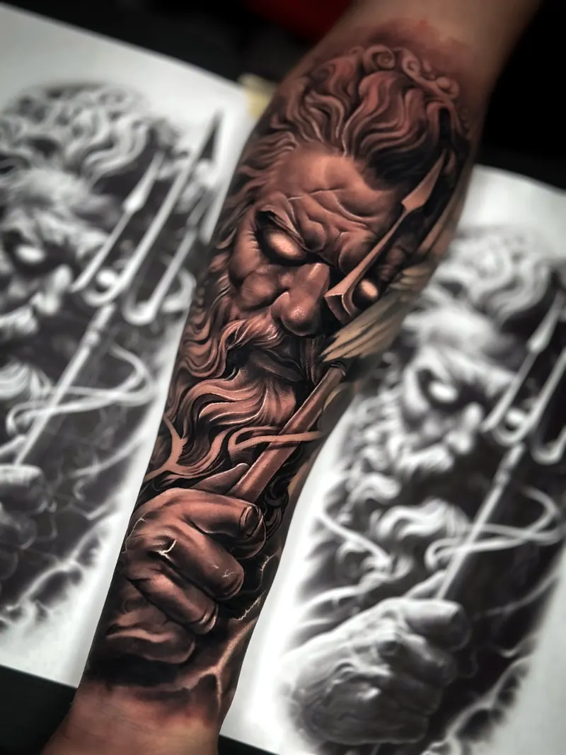 Black and grey realistic sleeve tattoo by Deyvid