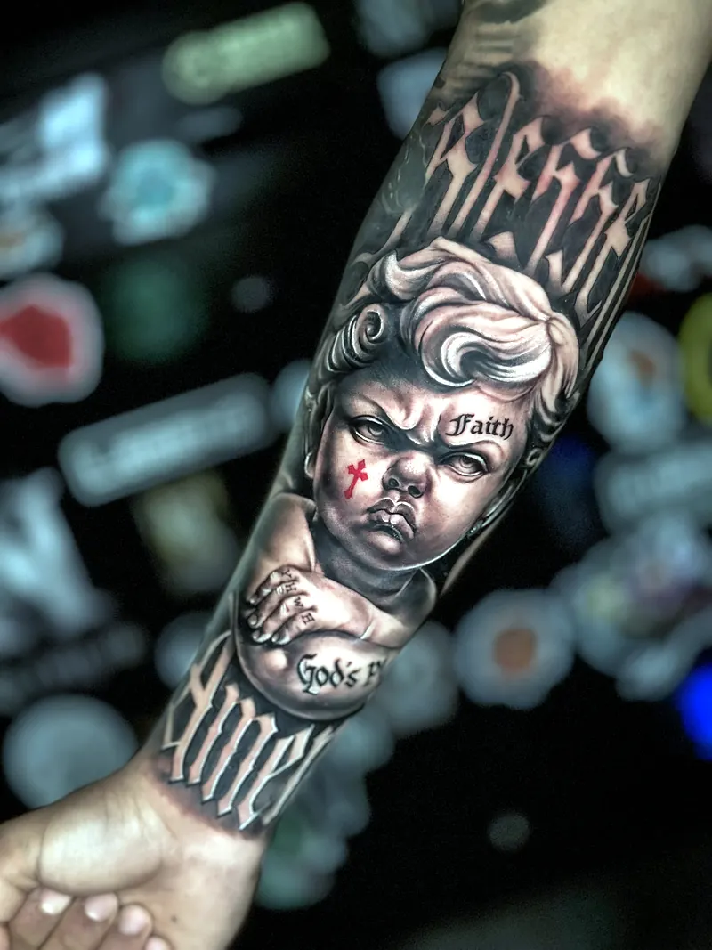 Realistic portrait sleeve tattoo by Deyvid