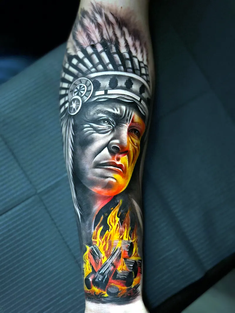 Statue and fire forearm tattoo by Deyvid